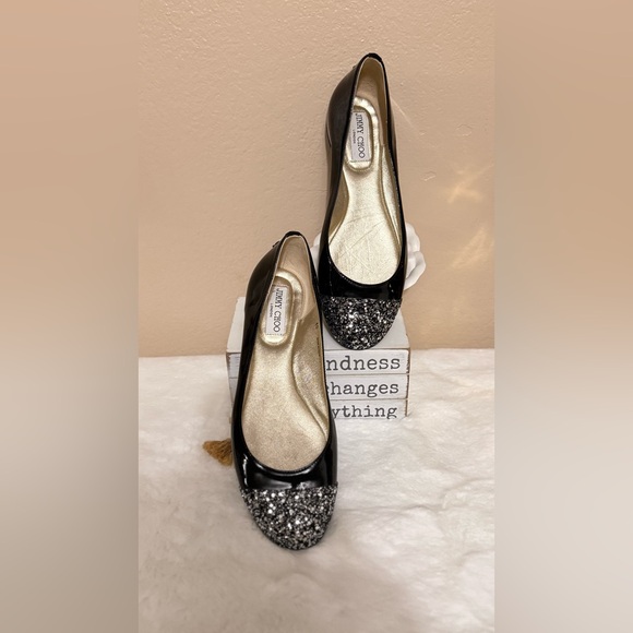 Jimmy Choo Shoes - Jimmy Choo Black Patent Leather Ballet Flats with Glitter Toe